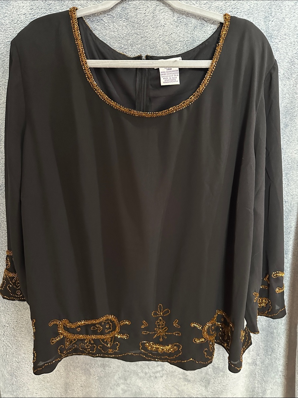 Roaman's Black Blouse with Gold Beaded Trim